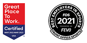 Great Place to Work Certified badge March 2022-March 2023 and Front Office Sports Best Employers in Sport 2021 badge
