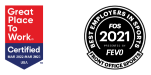 Great Place to Work Certified badge March 2022-March 2023 and Front Office Sports Best Employers in Sport 2021 badge